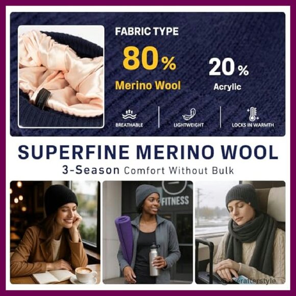 Oversized Merino Wool Beanie Satin Lined Cuffed Fisherman Hat Unisex Winter main image 4
